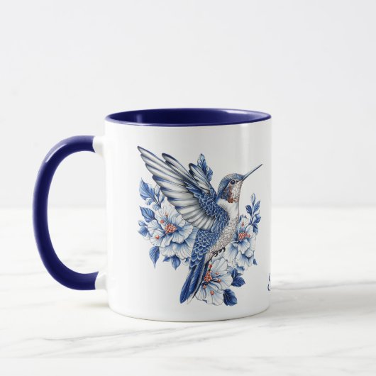 Blauwe Kolibrie Bloem Monogram Mok (Links)