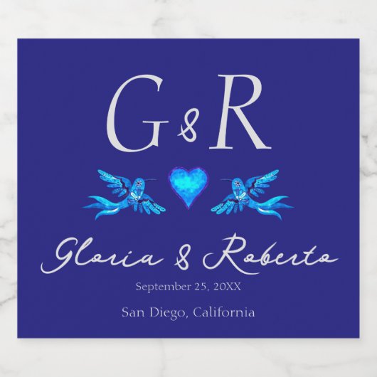 Blauwe kolibrie Boho Mexicaanse bruiloft Sparkling Wijnetiket (Enkel label)