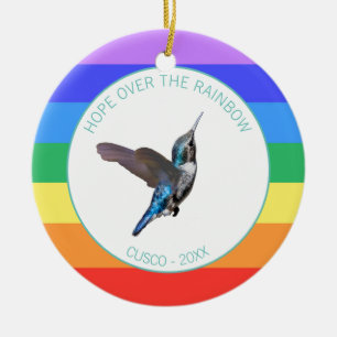 Blauwe Kolibrie op Regenboogkleuren Keramisch Ornament