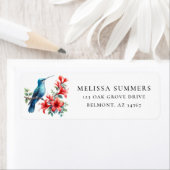 Blauwe kolibrie rode bloemen retour adreslabel etiket (Insitu)