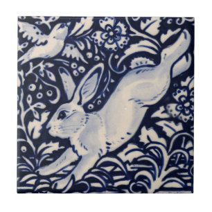 Blauwe konijn Floral Bird Chinoiserie Cobalt Tegeltje