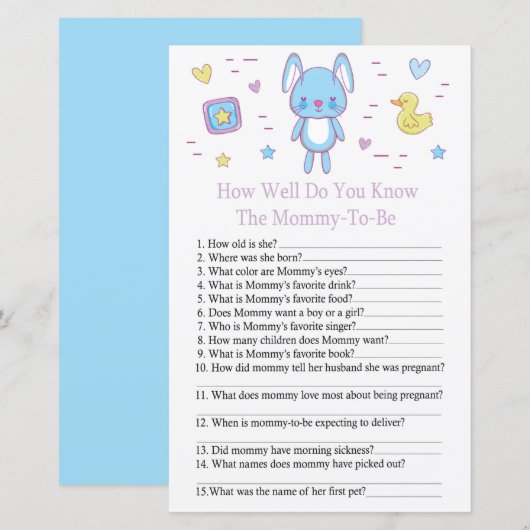 Blauwe konijn Hoe goed ken je het baby shower spel (Voorkant / Achterkant)
