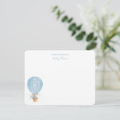Blauwe konijn in hete luchtballon baby jongen bedankkaart (Staand voorkant)