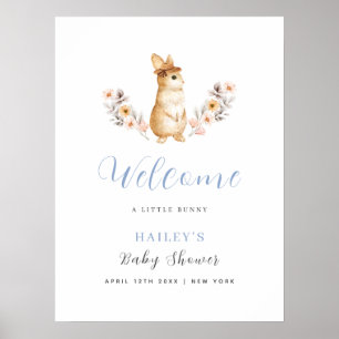 Blauwe Konijn Wilde Bloem Verwelkoming Baby Shower Poster