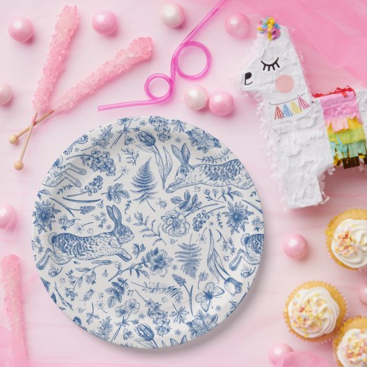 Blauwe  konijnen en bronbloemen papieren bordje (Feest)