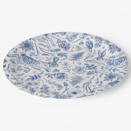 Blauwe  konijnen en bronbloemen papieren bordje (Gekanteld)