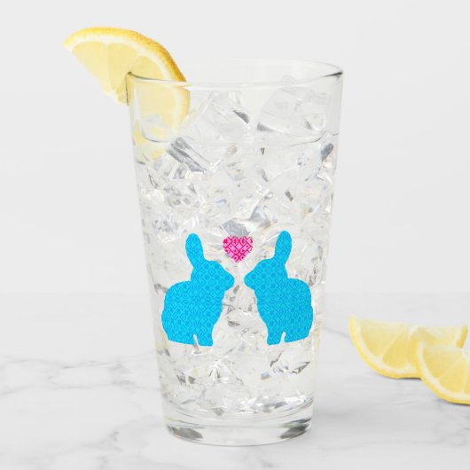 Blauwe konijnen en roze hart glas (Voorkant ijs)