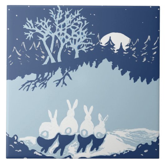  Blauwe Konijnen met maan, Sterrennacht Forest Tegeltje (Voorkant)