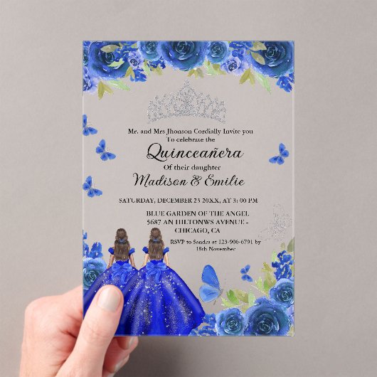 Blauwe koninklijke bloemenvlinder tweeling quincea acryl uitnodigingen (Insitu (Draagbaar))