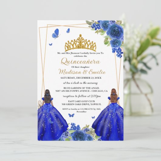 Blauwe koninklijke bloemenvlinder tweeling quincea kaart (Staand voorkant)