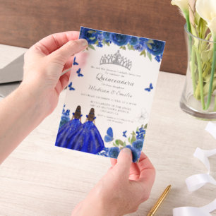 Blauwe koninklijke bloemenvlinder tweeling quincea vellum uitnodigingen