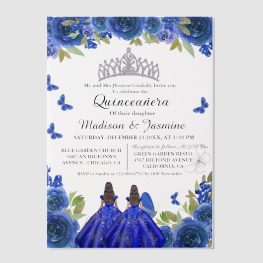 Blauwe koninklijke bloemenvlinder tweeling quincea vellum uitnodigingen (Voorkant)