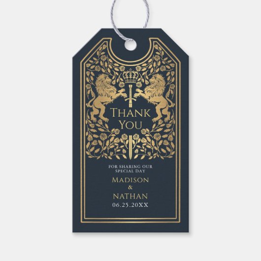 Blauwe Koninklijke Leeuw Middeleeuwse Zwaard bruil Cadeaulabel (Voorkant)