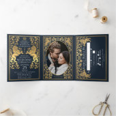 Blauwe Koninklijke Middeleeuwse Leeuw Bruiloft Tri Drieluik Uitnodiging (Binnen)