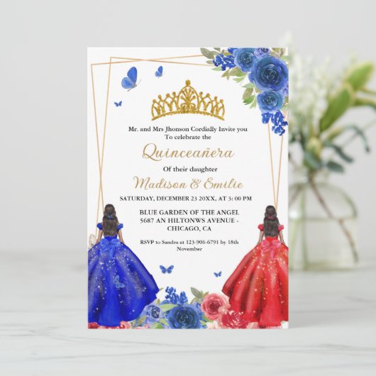 Blauwe koninklijke & rode vlinder tweeling Quincea Kaart (Staand voorkant)