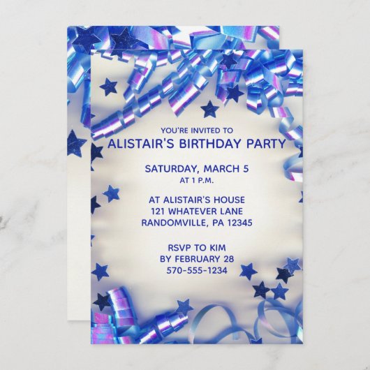 Blauwe koolstof en Confetti jongens Birthday Party Kaart (Voorkant / Achterkant)