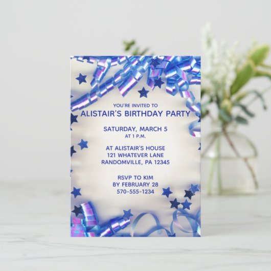 Blauwe koolstof en Confetti jongens Birthday Party Kaart (Staand voorkant)