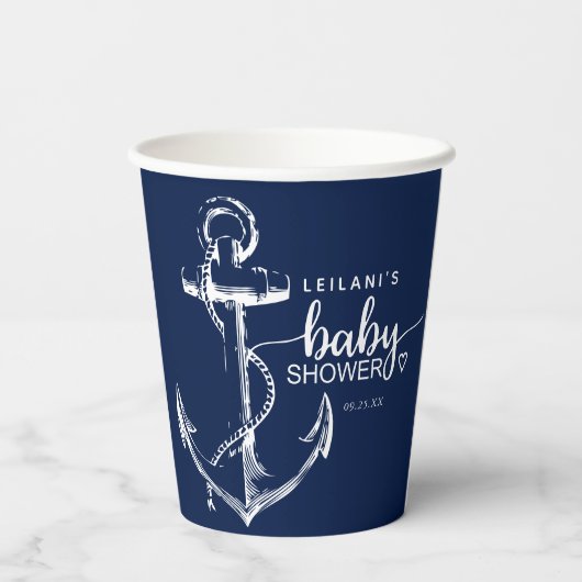 Blauwe koppen van baby shower Nautical Anchor Navy Papieren Bekers (Achterkant)
