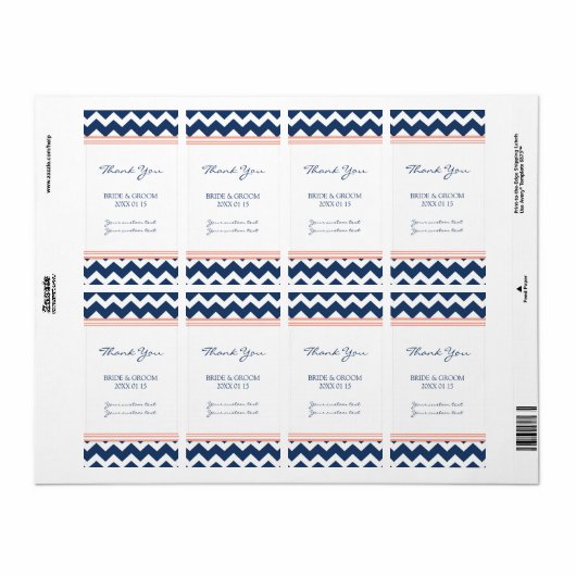 Blauwe koraal Chevron bruiloft labels (Full Sheet)
