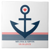 Blauwe koraal en witte nautische bootanker & strip tegeltje (Voorkant)