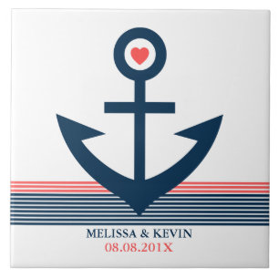 Blauwe koraal en witte nautische bootanker & strip tegeltje