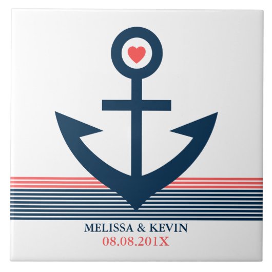 Blauwe koraal en witte nautische bootanker & strip tegeltje (Voorkant)