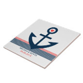 Blauwe koraal en witte nautische bootanker & strip tegeltje (Zijkant)