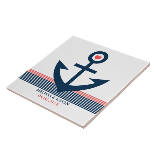 Blauwe koraal en witte nautische bootanker & strip tegeltje (Zijkant)