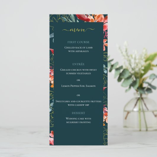 Blauwe koraal Waterverf Floral Elegant Wedding Menu (Staand voorkant)