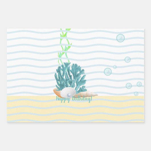 Blauwe koraal, zeeschelpen en blauw Sierkussen Pea Inpakpapier Vel (Voorkant)