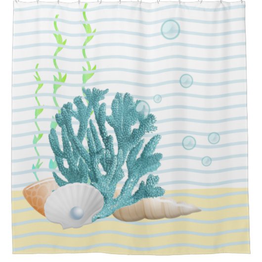 Blauwe koraal, zeeschelpen en blauwe parels douchegordijn (Voorkant)