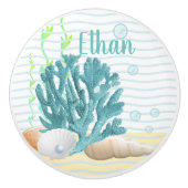 Blauwe koraal, zeeschelpen en blauwe parels keramische knop (Voorkant)