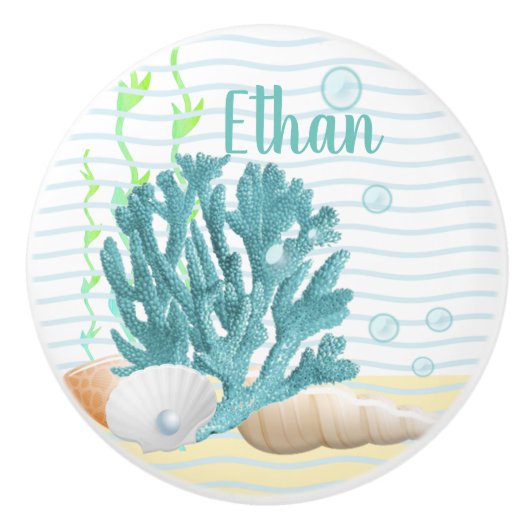 Blauwe koraal, zeeschelpen en blauwe parels keramische knop (Voorkant)