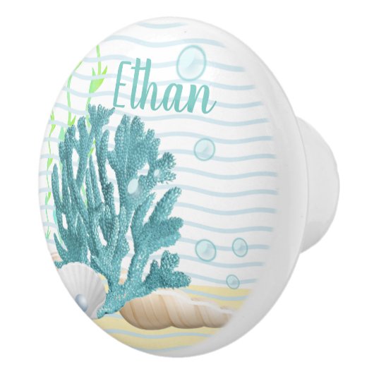 Blauwe koraal, zeeschelpen en blauwe parels keramische knop (Rechts)