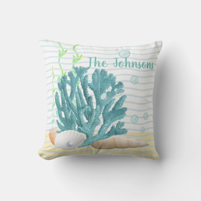 Blauwe koraal, zeeschelpen en blauwe parels kussen (Voorkant)