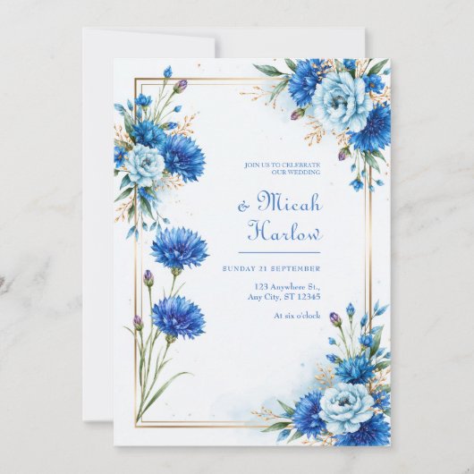 Blauwe Korenbloem Botanische Bruiloft Kaart (Voorkant)