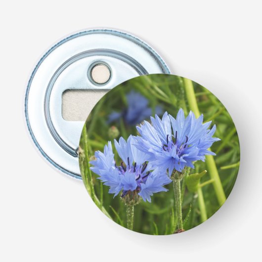 blauwe korenbloem button flesopener (Voorkant)