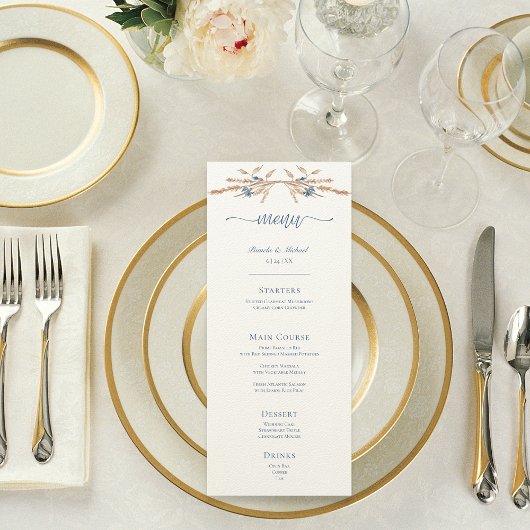 Blauwe korenbloemen en tarwe moderne crème bruilof menu