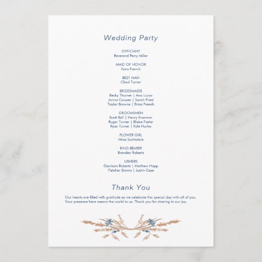 Blauwe korenbloemen & tarwe Modern White Wedding Programmakaart (Achterkant)