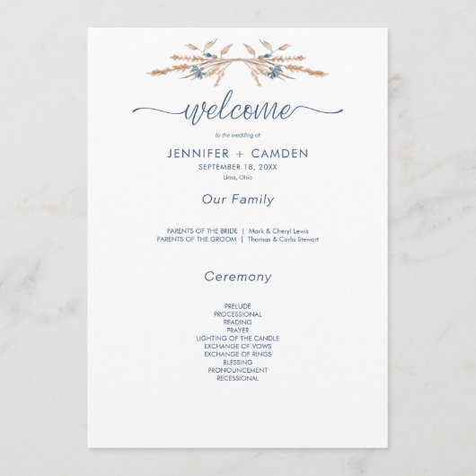 Blauwe korenbloemen & tarwe Modern White Wedding Programmakaart (Voorkant)