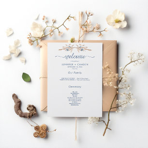 Blauwe korenbloemen & tarwe Modern White Wedding Programmakaart