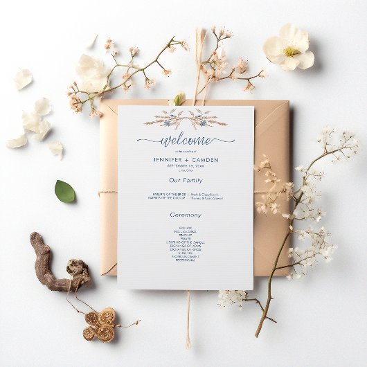 Blauwe korenbloemen & tarwe Modern White Wedding Programmakaart