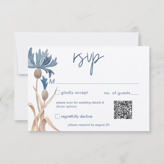 Blauwe korenbloemen & Tarwegebied Moderne QR-Code RSVP Kaartje (Voorkant)