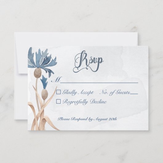 Blauwe korenbloemen & Tarweveld Blauwe bruiloft RSVP Kaartje (Voorkant)