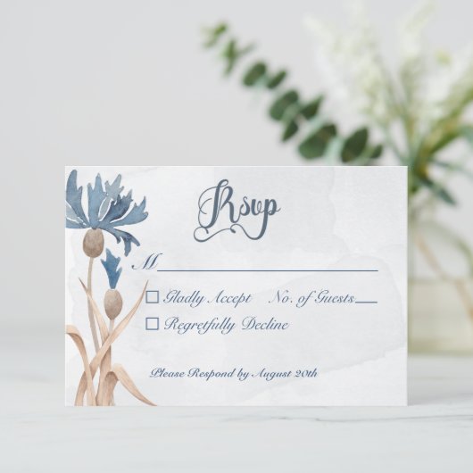 Blauwe Korenbloemen & Tarweveld Blauwe Trouwdag RSVP Kaartje (Staand voorkant)