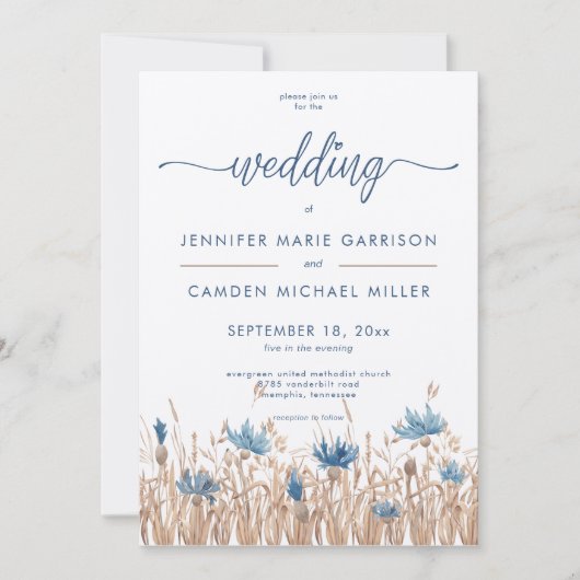 Blauwe korenbloemen Tarweveld Crème Moderne bruilo Kaart (Voorkant)
