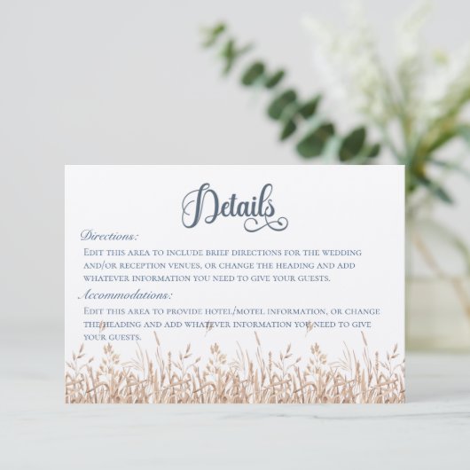 Blauwe korenbloemen & Tarweveld Details Bruiloft Informatiekaartje (Staand voorkant)