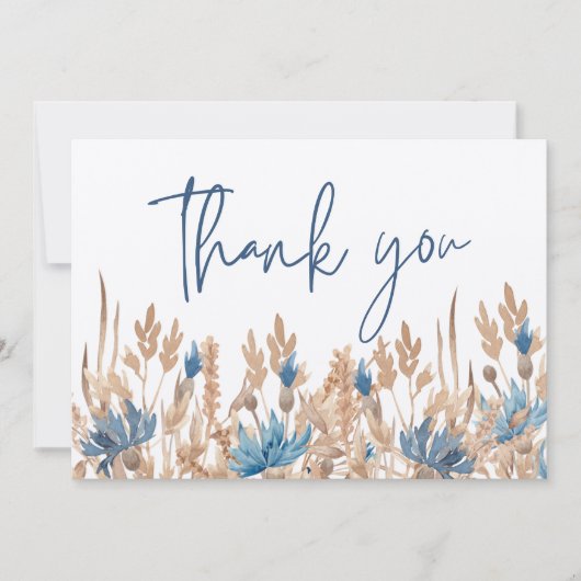 Blauwe korenbloemen & Tarweveld Moderne bruiloft Bedankkaart (Voorkant)