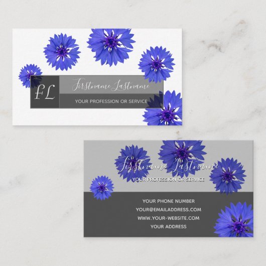 Blauwe kornbloem grijze rechthoek monogram visitekaartje (Voorkant / Achterkant)