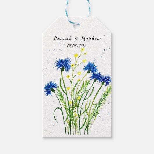 Blauwe kornbloemen waterverf  bruiloft cadeaulabel (Voorkant)